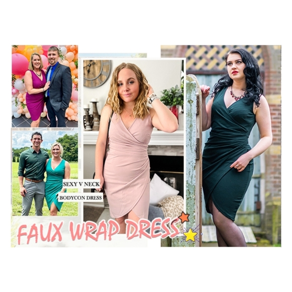 NWT Tehoao Green V Ruched Sleeveless Wrap Cocktail Bodycon Mini Midi Dress L - Picture 11 of 15